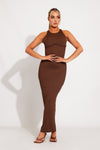 Brown Ribbed High Neck Cross Back Maxi Dress