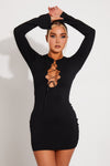 Black Ribbed Lace Up Long Sleeve Mini Dress