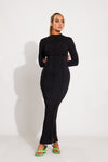 Black Ribbed High Neck Seam Detail Split Maxi Dress