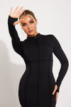 Black Ribbed High Neck Seam Detail Split Maxi Dress