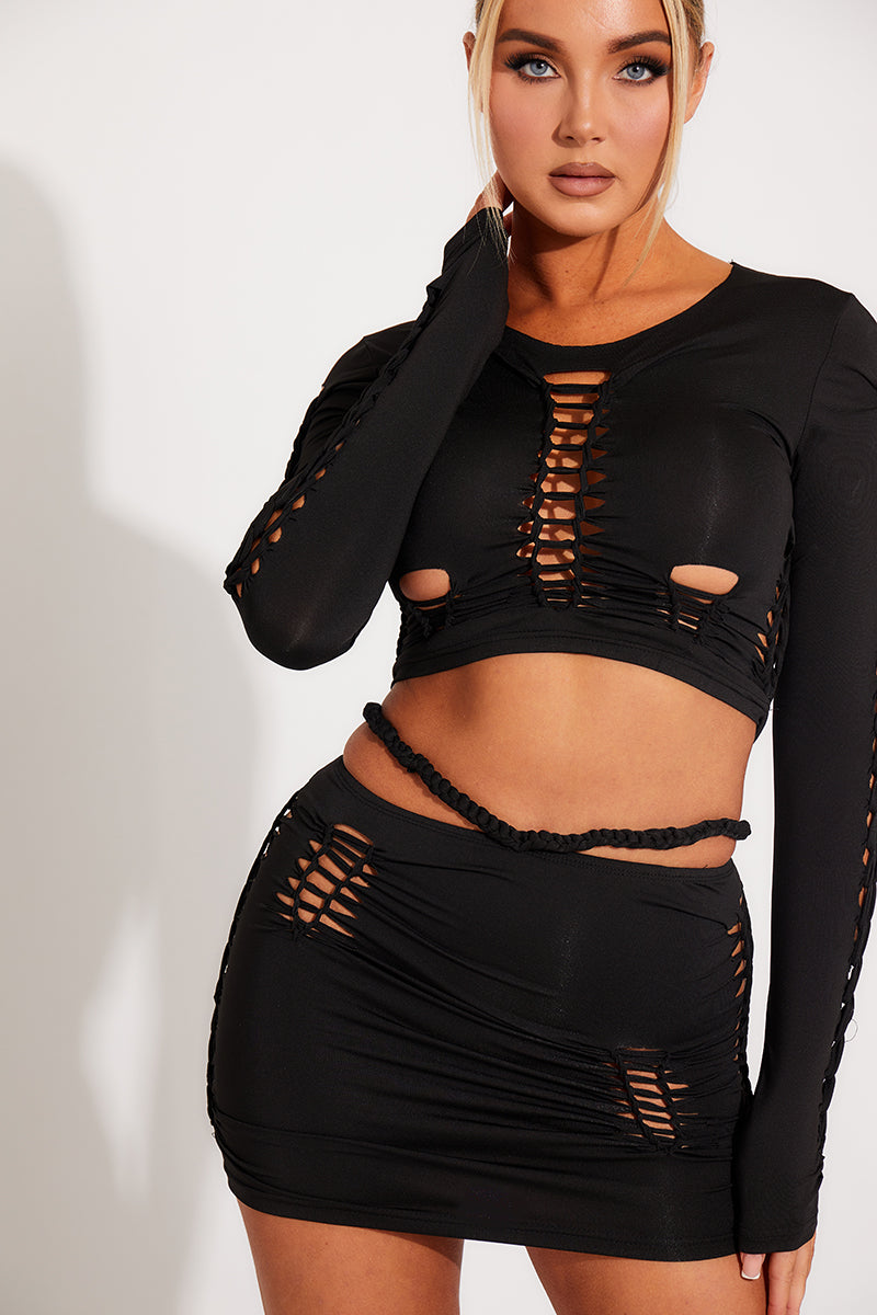 Black Braid Cut Out Detail Crop Top & Mini Skirt