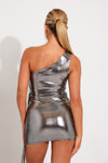 Silver Metallic Asymmetric Tie Crop Top & Mini Skirt