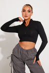 Black Ribbed Zip Detail Long Sleeve Crop Top