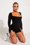 Black Seamless Square Neck Long Sleeve Playsuit