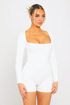 White Seamless Square Neck Long Sleeve Playsuit