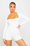 White Seamless Square Neck Long Sleeve Playsuit