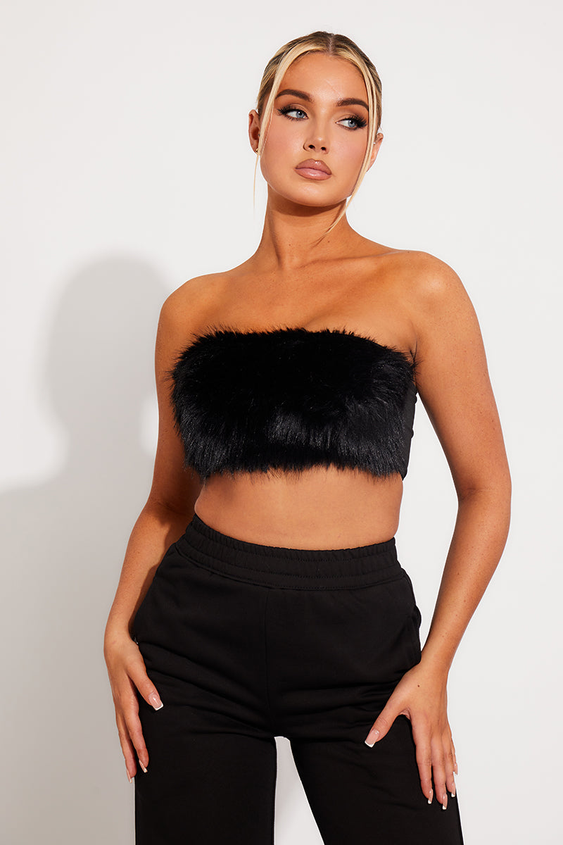 Black Fluffy Faux Feather Bandeau Crop Top