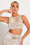 Off White Metallic Ruched Crop Top & Mini Skirt