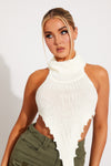 Cream Knit Turtle Neck Open Back Crop Top