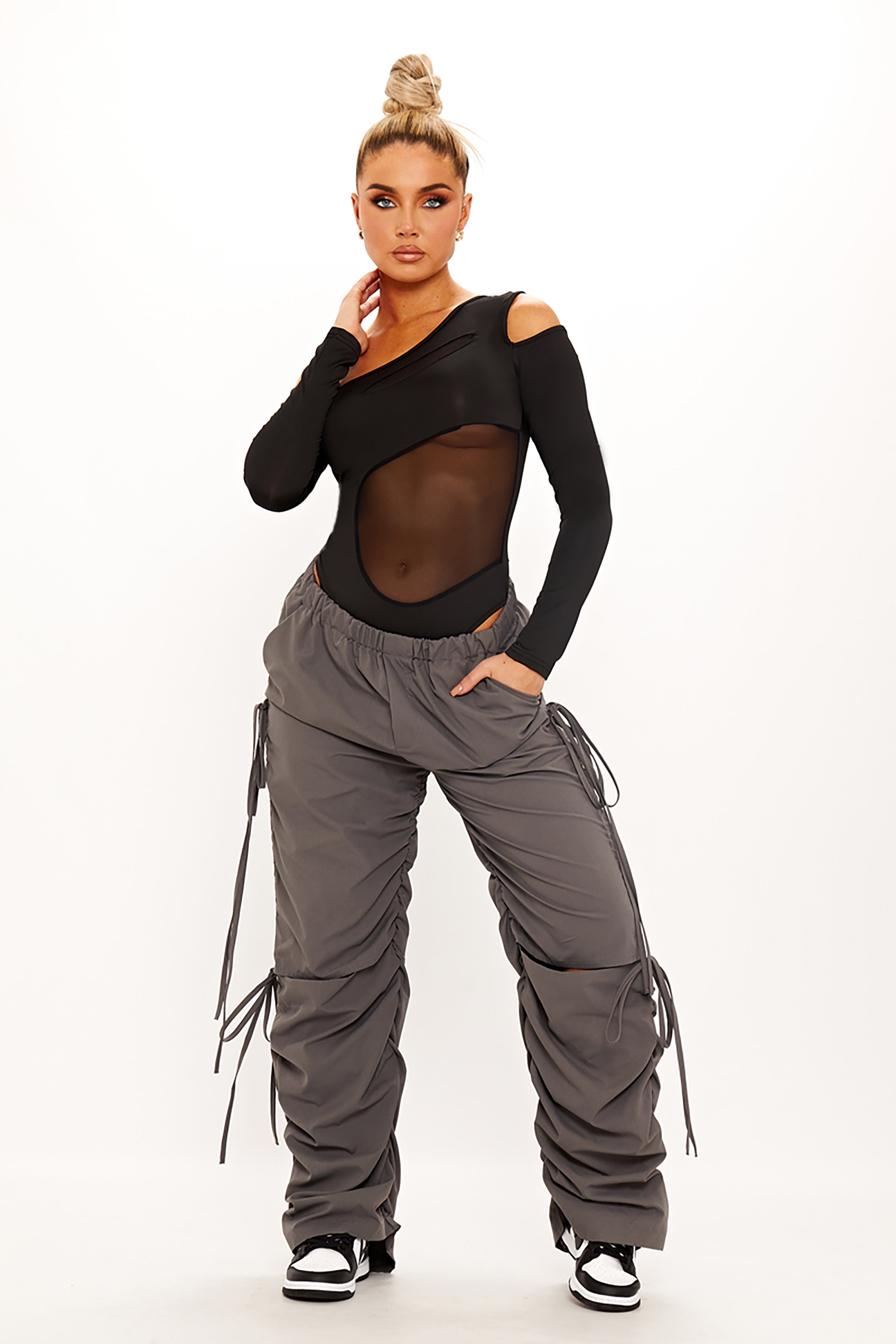 Black One Shoulder Mesh Cut Out Bodysuit