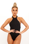 Black Ribbed High Neck Halter Racer Bodysuit