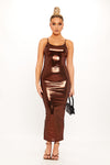 Brown Metallic Sleeveless Backless Bodycon Midaxi Dress