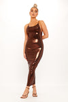 Brown Metallic Sleeveless Backless Bodycon Midaxi Dress
