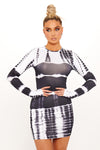 Black Tie Dye Print Long Sleeve Bodycon Mini Dress