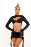 Black Metallic Ruched Cut Out Low Rise Mini Skirt
