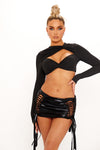 Black Metallic Ruched Cut Out Low Rise Mini Skirt