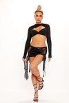 Black Metallic Ruched Cut Out Low Rise Mini Skirt