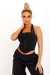 Black Halter Corset Hook & Eye Detail Crop Top