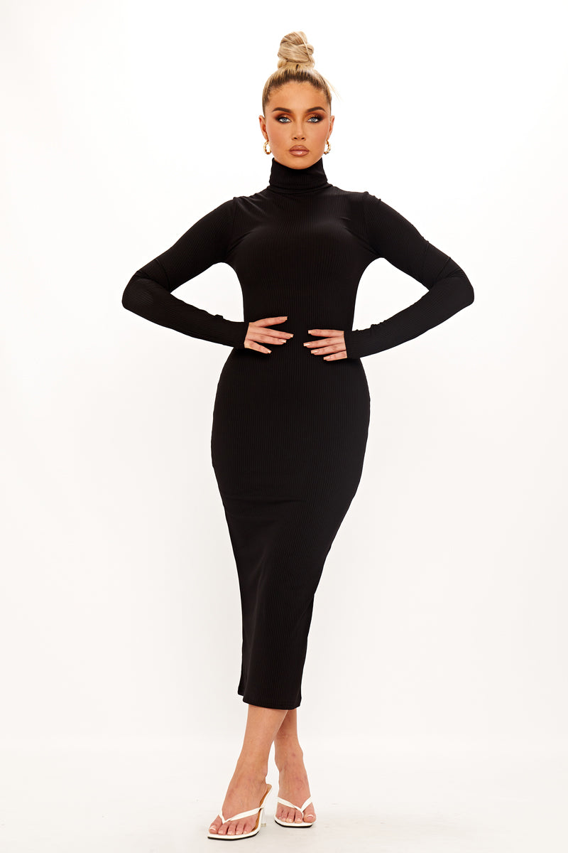 Black Ribbed Turtleneck Long Sleeve Midi Dress