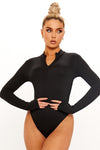 Black High Neck Zip Detail Long Sleeve Bodysuit