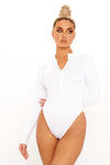 White High Neck Zip Detail Long Sleeve Bodysuit