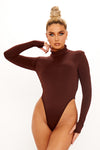 Brown High Neck Shoulder Padded Open Back Bodysuit