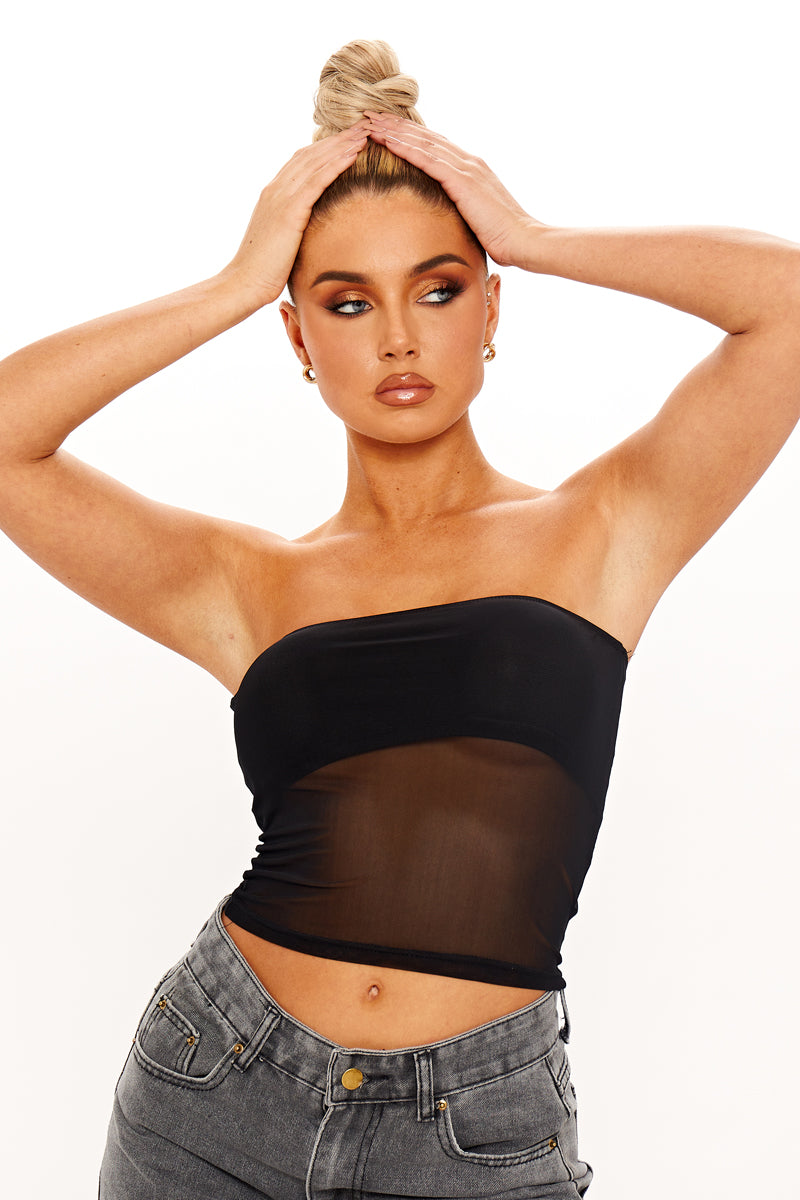 Black Mesh Insert Detail Bandeau Crop Top