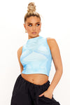 Blue High Neck Body Art Print Sleeveless Crop Top