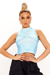 Blue High Neck Body Art Print Sleeveless Crop Top