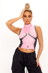 Pink High Neck Body Art Print Sleeveless Crop Top