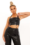 Black Faux Leather Halter Tassel Detail Crop Top