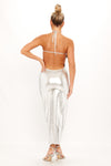 Silver Metallic Halter Low Back Bodycon Maxi Dress