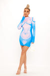 Blue High Neck Body Print Long Sleeve Mini Dress