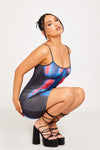 Black Thermal Body Heat Print Strappy Mini Dress