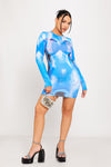 Blue Body Heat Print Long Sleeve Mini Dress