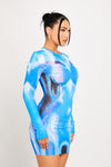 Blue Body Heat Print Long Sleeve Mini Dress