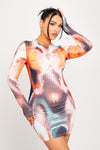 Orange Body Heat Print Long Sleeve Mini Dress