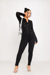 Black Zip Front Corset Detail Long Sleeve Jumpsuit