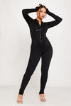 Black Zip Front Corset Detail Long Sleeve Jumpsuit