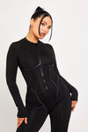 Black Zip Front Corset Detail Long Sleeve Jumpsuit