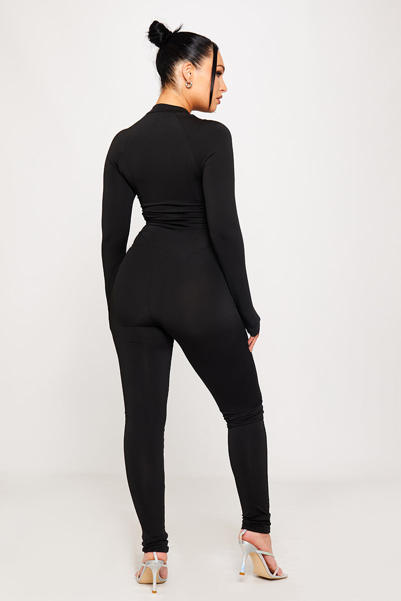 Black Zip Front Corset Detail Long Sleeve Jumpsuit