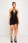 Black Metallic Halter Bustier Ruched Mini Dress