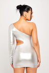 Silver Metallic One Shoulder Cut Out Ruched Mini Dress