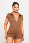 Brown Ribbed Button Detail Collared Playsuit