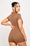 Brown Ribbed Button Detail Collared Playsuit