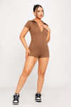 Brown Ribbed Button Detail Collared Playsuit