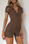 Brown Ribbed Button Detail Collared Playsuit