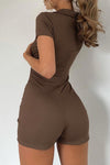 Brown Ribbed Button Detail Collared Playsuit
