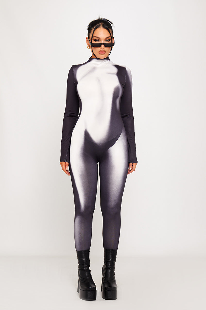 Black High Neck Body Print Long Sleeve Jumpsuit