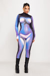 Blue High Neck Body Heat Print Long Sleeve Jumpsuit